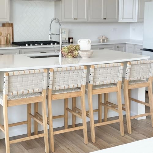 Image of Nathan James Cohen Mid Century Modern Bar Stool, Upholstered Faux Leather Counter Stool with Back and Solid Wood Legs, White