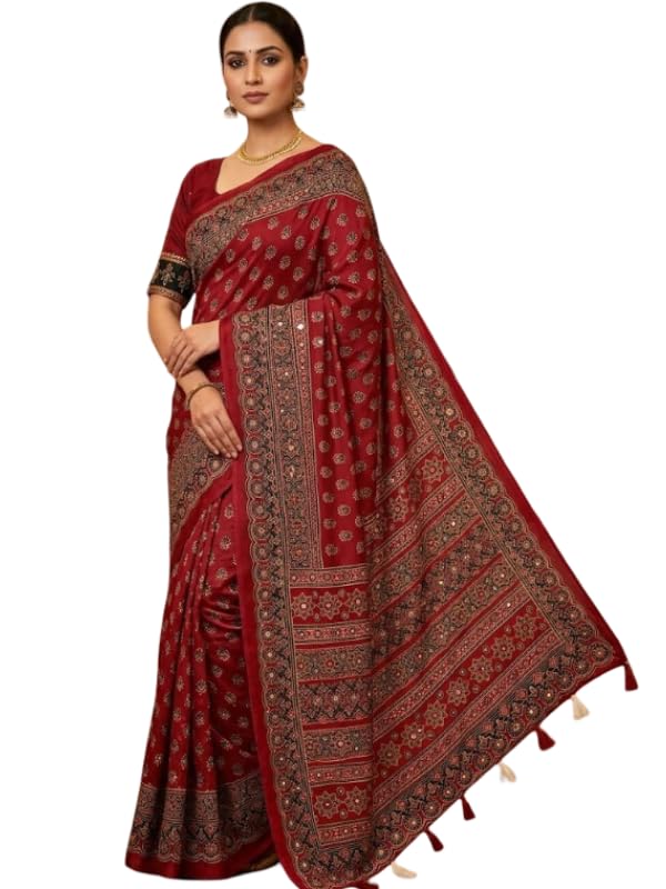 Ajrak Print Saree & Blouse Set for Women, Kasturi Crepe Fabric Saree with Mirror Work, Ethnic Traditional Draping Saree for Wedding, Party & Daily Occasion-image-42