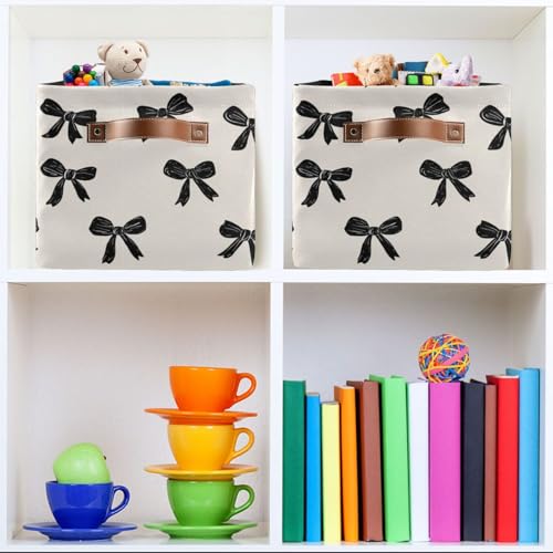 Image of Aslsiy Storage Basket Black Bows on Beige Nursery Bins Baby Box Canvas Clothes Shelf Basket Laundry Hamper 1 Pcs