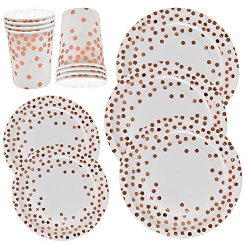Black Friday - 80% OFF Rose Gold Plates and Cups 150 Disposable Paper Party Set Includes 50 Dinner Plates 50 Dessert Plate and 50 Cup Gold Foil Dot for Birthday Wedding Bridal Shower Holiday Dinnerware Supplies