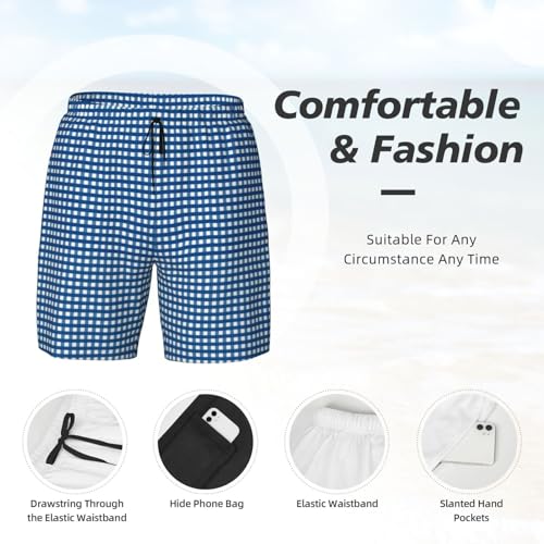 Blue Gingham Print Men's Swim Trunks Compression Liner Quick Dry Shorts Bathing Suits with Pockets4