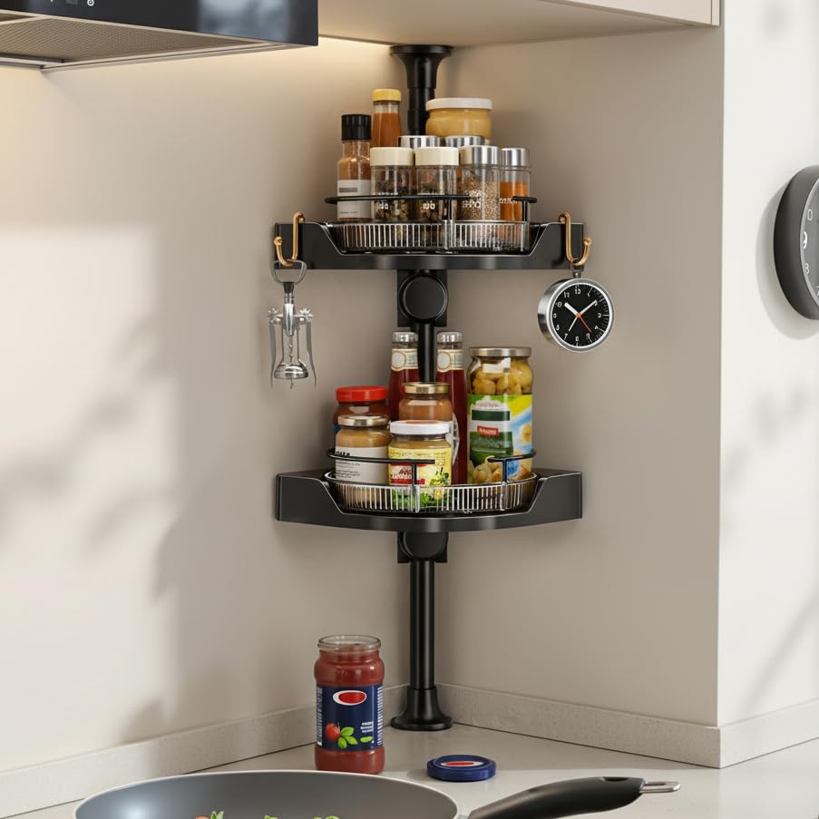 ADVEZO Standing Spice Rack Organizer, Counter Corner Double Tier Lazy Susan, Height Adjustable...