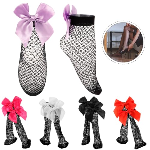 Amosfun 5 Pairs Japanese Fishnet Ankle Socks with Bowknots – Elastic Non-Slip Short Socks in Black, White, Red, Purple and Rose4