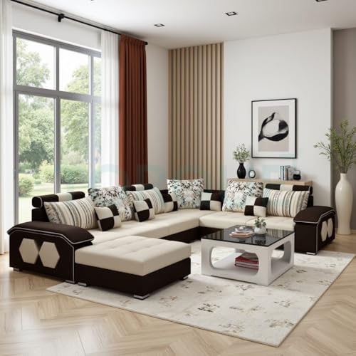 Image of Silvester 12 Seater Sofa Set for Living Room (Cream-Brown) | Interchangeable U Shape Sectional Sofa | Solid Wood Frame & High-Density Supersoft Foam | Includes Puffy & Stool | Modern Home Furniture