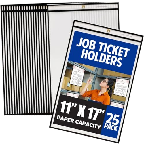 Office Werks Stitched Job Ticket Holder 11 x 17 Inch, Clear Work Order Plastic Sleeves Holder, Document Print Holders, Perfect for Attaching to Machinery, File Cabinets, Racking & Hanging, 25 Pack