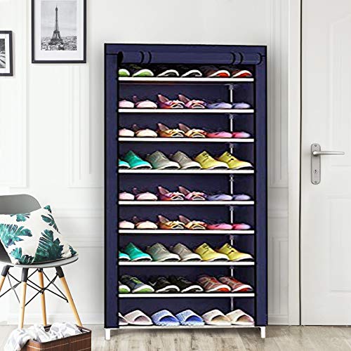 PYXBE Multipurpose Portable Folding Shoes Rack 9 Tiers Multi-Purpose Shoe Storage Organizer Cabinet Tower with Iron and Nonwoven Fabric with Zippered Dustproof Cover Color Navy Blue