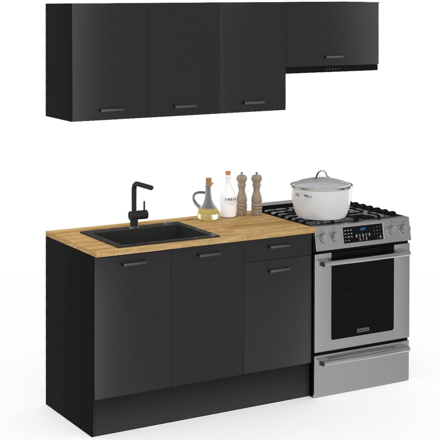 IDMarket - Cocina SUBTIL completa de 180 cm con encimera negra de 5 unidades y tapa de madera