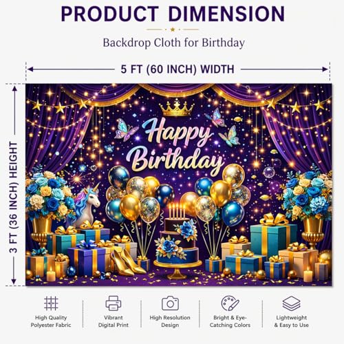 Image of Royal Purple Birthday Backdrop Cloth 5x3 ft - Crown Theme Fabric Banner with Balloons, Cake & Gift Design, Reusable Decoration for Party & Photoshoot
