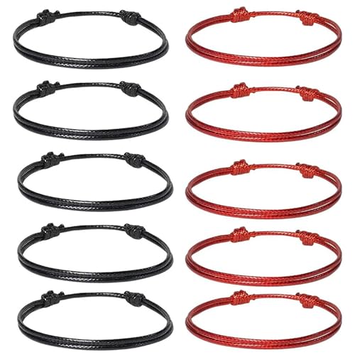 YUBBYSTU 10 pièces Bracelet en Coton ciré pour, Bracelet en Cuir Cadeau pour hommes et femmes‌, réglable, Bracelets d'amitié Faits Main, 5 Rouges & 5...