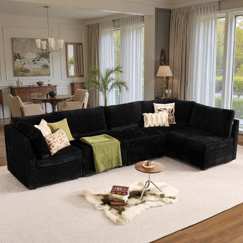 Image of ovios Modular Sectional Sofa Couch with U-Shape Chaise Oversized, Comfy Plush Corduroy Cloud Couches, Modern Luxury Deep Seat Sofas Set for Living Room, 5-Seater, Black