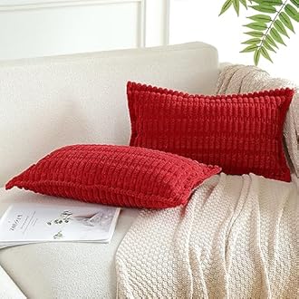 Artscope Red Cushion Covers Set of 2 Corduroy Decorative Square Striped Pillowcase with Stitched Edge Pillow Covers 30x50cm for Home Decor Sofa Bedroom Car