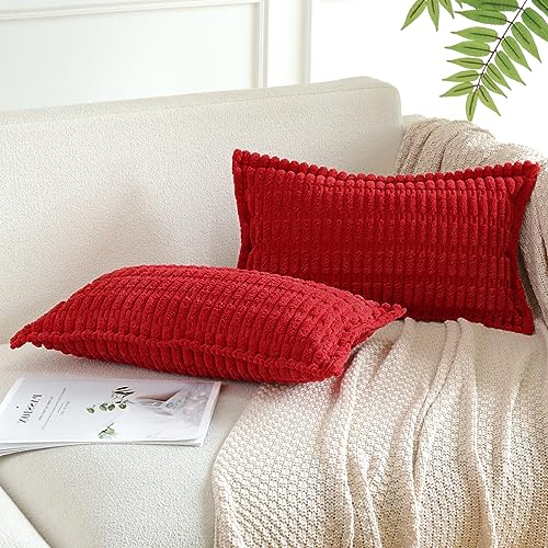Artscope Red Cushion Covers Set of 2 Corduroy Decorative Square Striped Pillowcase with Stitched Edge Pillow Covers 30x50cm for Home Decor Sofa Bedroom Car
