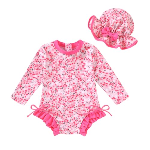 Image of Infant Baby Swimsuit Girl Long Sleeve UPF 50+ Sun Protection One-Piece Rash Guard with Hat Zipper Bathing Suit