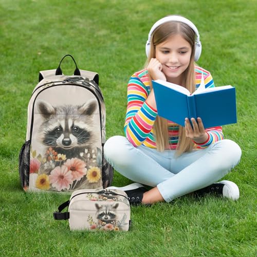 Raccoon Flowers Cute Backpack for School Boys Girls and Teens, Backpack for Men and Women, Lightweight Bookbag with Lunch Box Travel Laptop Daypack 18.5 x 11.8 In2