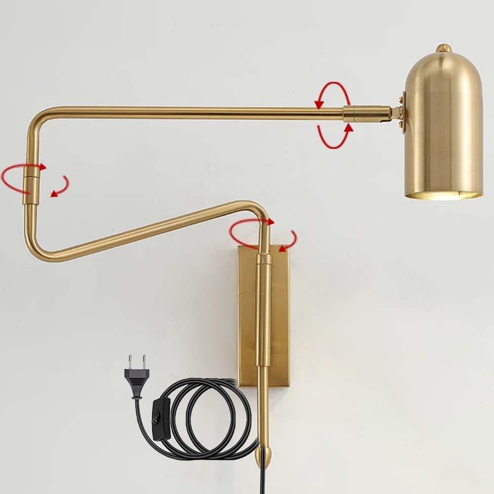 Retro Wandlampe Innen mit Schalter und Stecker Wandleuchte mit Kabel Verstellbare Lange Arm Wand Leselampe Gold Faltbar E27 Wandbeleuchtung mit Schwenkarm Nachttischlampe Drehbare,Gold