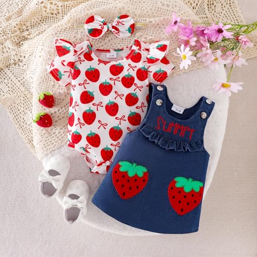 Image of Baby Girl Clothes Newborn Summer Outfits Cute Ruffled Romper Infant Suspender Skirt Set Headband 0-18 Months