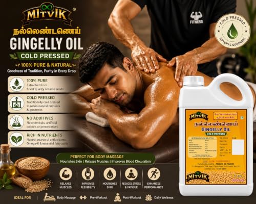 Image of MITVIK 100% Pure Cold Pressed Sesame /Gingelly Oil | Traditional Cold Pressed Sesame Oil | Unrefined & Naturally Filtered | No Chemicals or Preservatives | Rich Aroma for Everyday Cooking. (5 Ltr)
