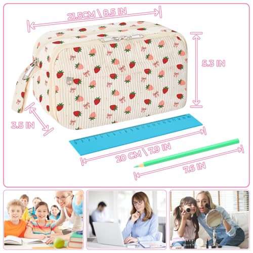 Image of WOBAGMEN Cute Pencil Case,Large Corduroy Zippered Pencil Case Pouch, aesthetic Pencil Bag with Compartments, Pencil Pouch School Supplies (HY-corduroy pc-strawberry)