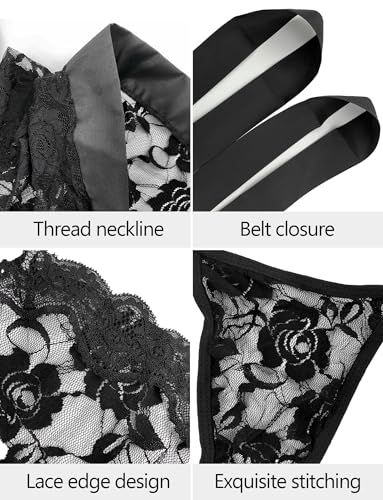 Men's Lace Floral Lingerie Cardigan Mesh See-Through Pajamas Belted Sissy Nightwear Babydoll Set4