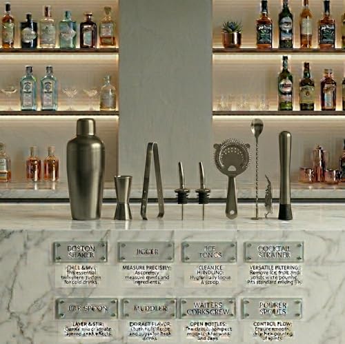Image of Car-O-Bar Bar Set with Glasses Gift Set | 12 Pieces Bartender Kit:Cocktail Shaker, Bar Spoon, Jigger, Muddler, Strainer, Wine & Beer Bottle Opener, 2 Pour Spouts, Tong, Set of 2 Whiskey Glasses