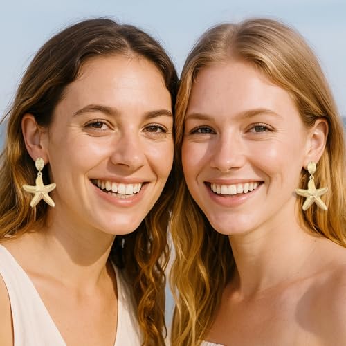 Gold Starfish Shell Drop Earrings for Women, Tropical Beach Earrings Vacation Summer Gifts, E08A3