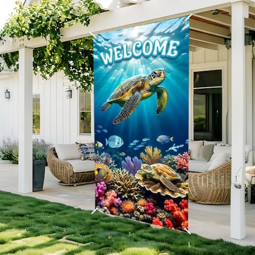 Image of Welcome Sea Turtle Door Cover Ocean Underwater Front Door Banner