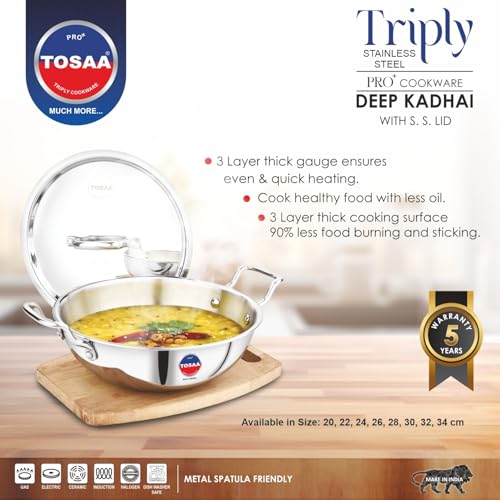 Image of Tosaa Triply Stainless Steel 24 cm Kadai with Lid /Indian Wok|Even Heat Distribution| Consumes Less Oil|Easy to Clean|Gas Stove Compatible - 2000 ml