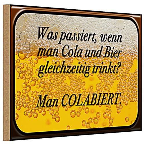 Questo affascinante cartello in legno porta con il suo gioco di parole 'Cosa succede quando si beve cola e birra contemporaneamente? COLABATO! Un tocco divertente in qualsiasi bar, cucina o sala feste. La vivida rappresentazione della birra schiumosa e della coca cola frizzante sullo sfondo sottolinea lo spirito dello scudo e lo rende accattivante.