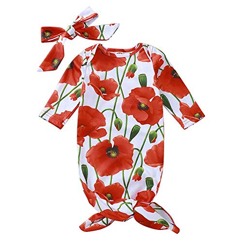 Newborn Baby Tie Dye Nightgowns Hat Set Knotted Sleeping Bag Ribbed Romper Coming Home Outfit Sleepwear for Boys Girls Nightgown Long Sleeve Layette Swaddle Wear Pjs Pajamas Red Floral 0-12 Months