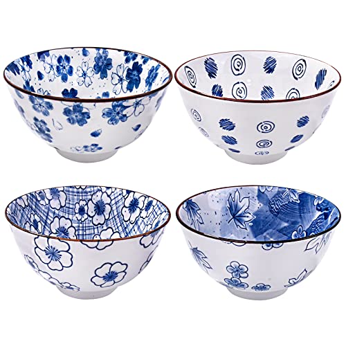 LMRLCS Ceramic Rice Bowls Set of 4 White and Blue