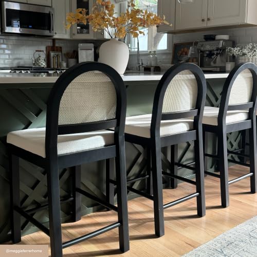 Image of Nathan James Bailey Boucle Upholstered Rattan Bar Stool, Counter Height Stool with Natural Rattan Woven Back For Kitchen Island, White /Black Oak