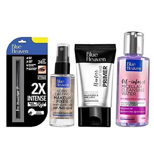 Image of Blue Heaven Makeup BFFs Kit, 400gm |Pack of 4|Waterproof & Smudgeproof Intense Kajal, Silicone Gel Based Primer, Long lasting Fixer for dewy Glow Look, Oil Infused Cleansing Micellar Water