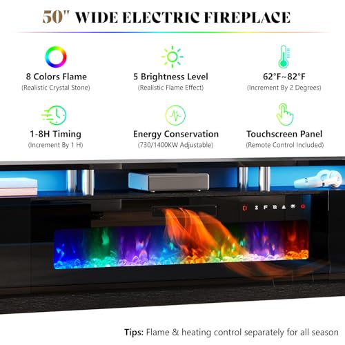 Image of AMERLIFE 90 inch High-Gloss Fireplace TV Stand with 50 inch Electric Fireplace | Black LED TV Console, Modern Living Room Entertainment Center, Fits TVs up to 100 inch, 2 Cabinets, 2-Tier Storage Space