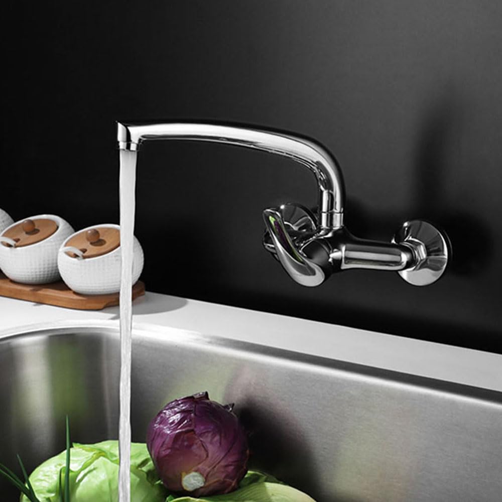 Kibath Grifo monomando de cocina fregadero BAT de pared con caño largo giratorio, Fabricado en latón con acabados en cromo brillo, Distancia entre las tomas de 11 cm, Repuestos garantizados