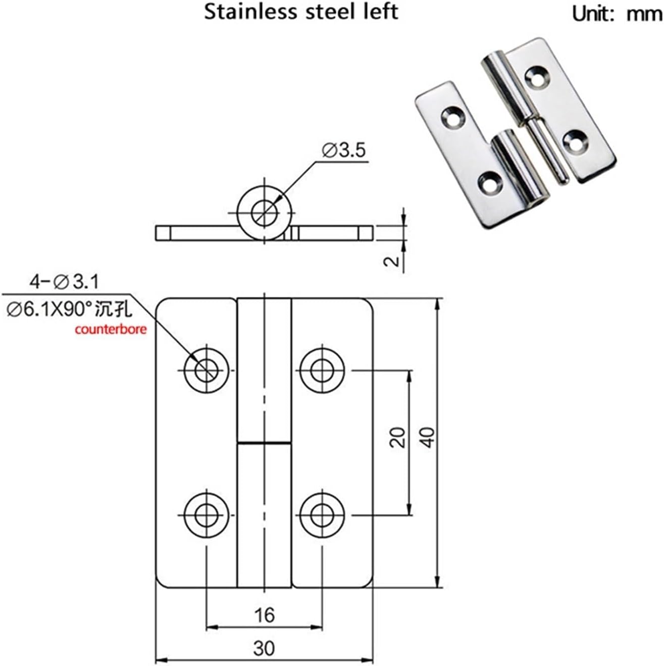 Metal Cabinet Door Hinge 1.5-Inch Removable Disassembleable 304 Stainless Steel Hinge 1Pcs(304 SS-L)