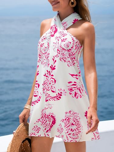 Image of CUPSHE Women's Paisley Mini Dresses Sleeveless Summer Criss Cross Halter Short Beach Cover Up Dress