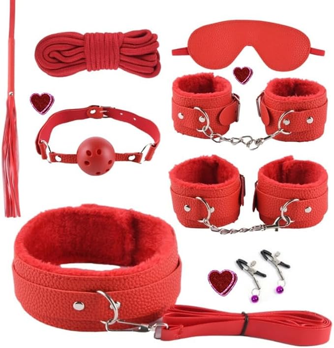 8 Classic Leather Multifunctional Adjustable Hand Foot Combination Set, Bedroom Fitness Fun Accessories, Easy to Carry, Couple Gift (Red)