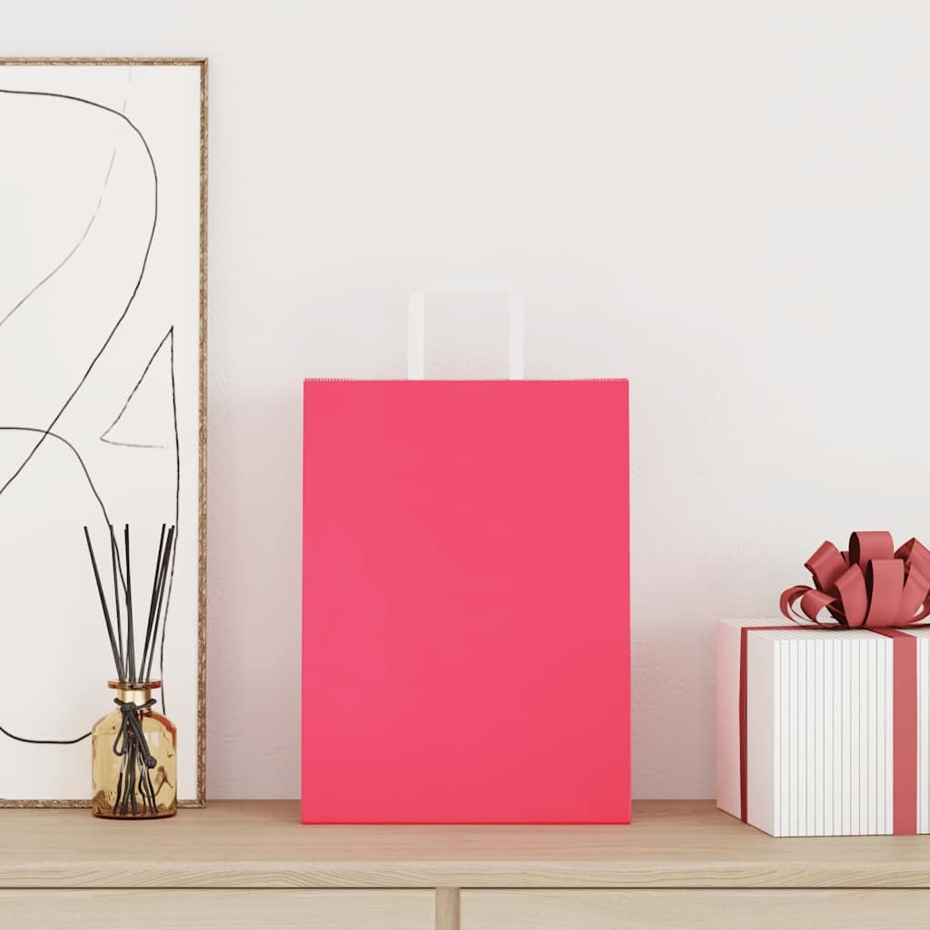 Bolsas de papel kraft con asas rosa 26 x 12 x 35 cm, juego de 250 piezas, bolsas de compras de papel reciclable para compras, fiestas y envoltura de regalo