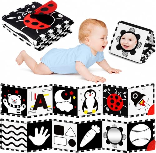 BBWOO High Contrast Baby Toys for Newborn Tummy Time Mirror Black and White Baby Toy for 0-6 Months Soft Montessori Visual Stimulation Infant Book Boy Girl Shower Gift