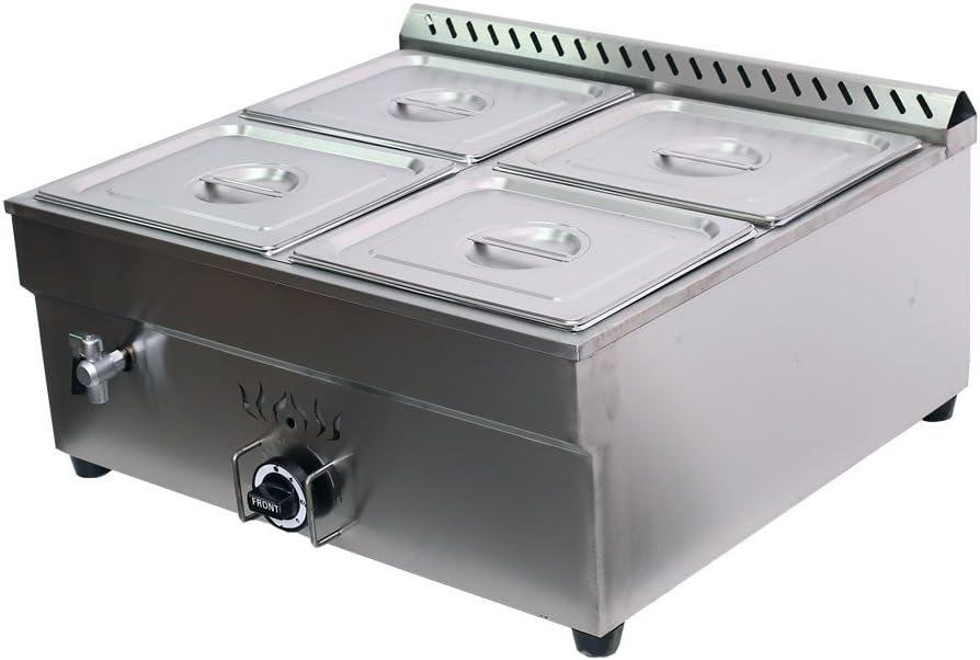 INTSUPERMAICommercial Propane Gas Food Soup Warmer Bain-Marie Buffet Food Warmer with Regulator Canteen Buffet Steam Heater 110V Double Row 4 Pan