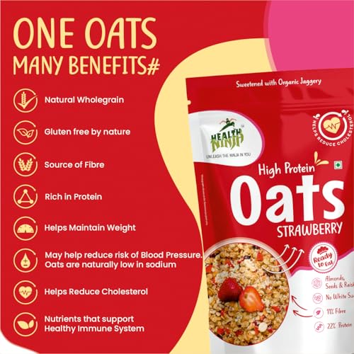 Image of Health Ninja Strawberry Oats | High Protein Breakfast Cereal | Ideal for Oatmeal & delicious snacks | 900 gm Pack (900, Strawberry)