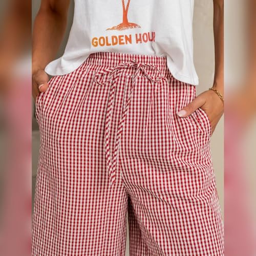 Womens Wide Leg Pants Casual Drawstring High Waisted Plaid Pants Elastic Waist Palazzo Lounge Trousers with Pockets4