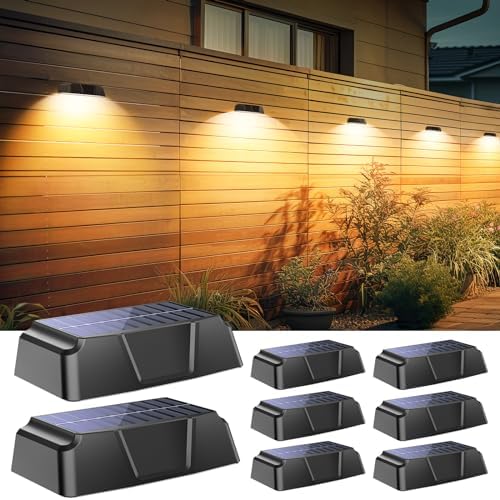 Solar Fence Lights - 8 Pack Outdoor Deck Light with Warm White, Cool White, 7 RGB Solid Color, IP65 Waterproof Solar Lights Outdoor for Outside Railing Patio Yard Step Holiday Decor