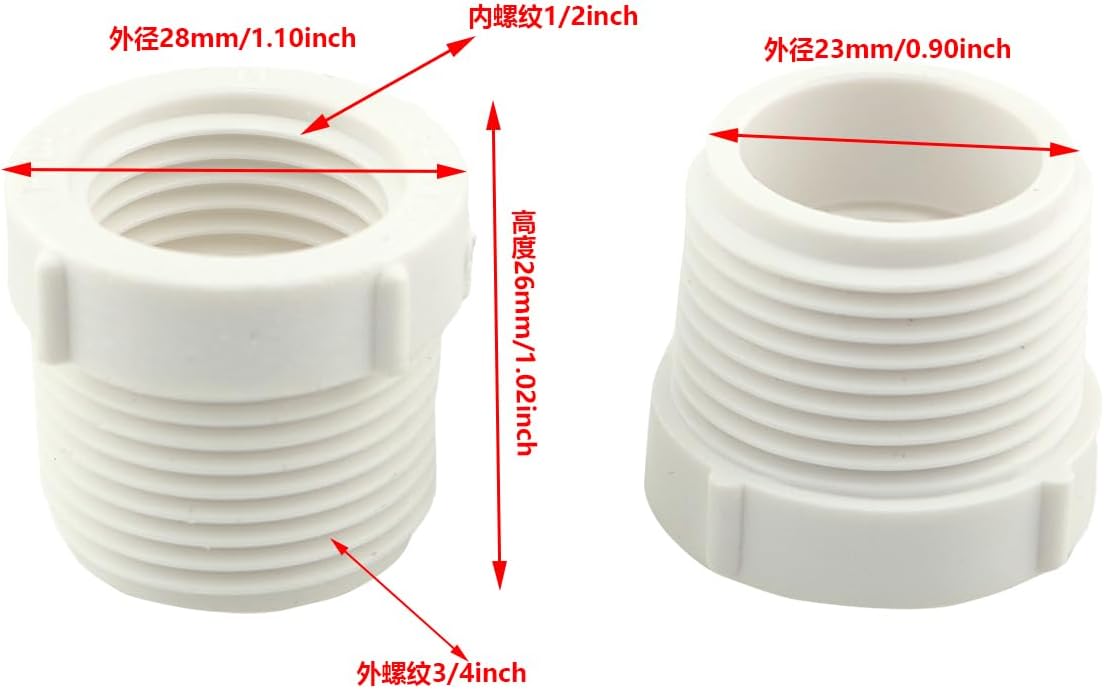 10pcs 3/4" Male Thread to 1/2" Female Thread Reducer Bushing for PVC Pipe Fittings