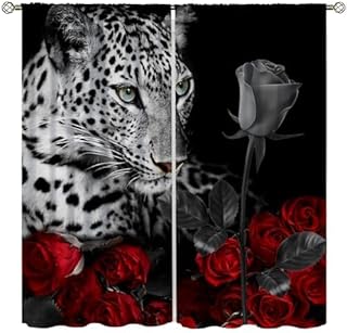 SENRUEGT Leopard Window Curtains Red Rose Window Drapes,African Wildlife Kids Boys Bedroom Window Treatments,Home Living Room Window Curtains 42x45 Inch