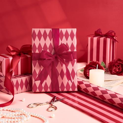 RUSPEPA Reversible Wrapping Paper Roll for Girls, Mini Roll, Red and Pink Stripes and Diamond Pattern, Holiday Gift Wrap for Christmas, Valentine\'s Day, Merry Market Gifts, 17 Inches x 16.4 Feet - Thumbnail 3
