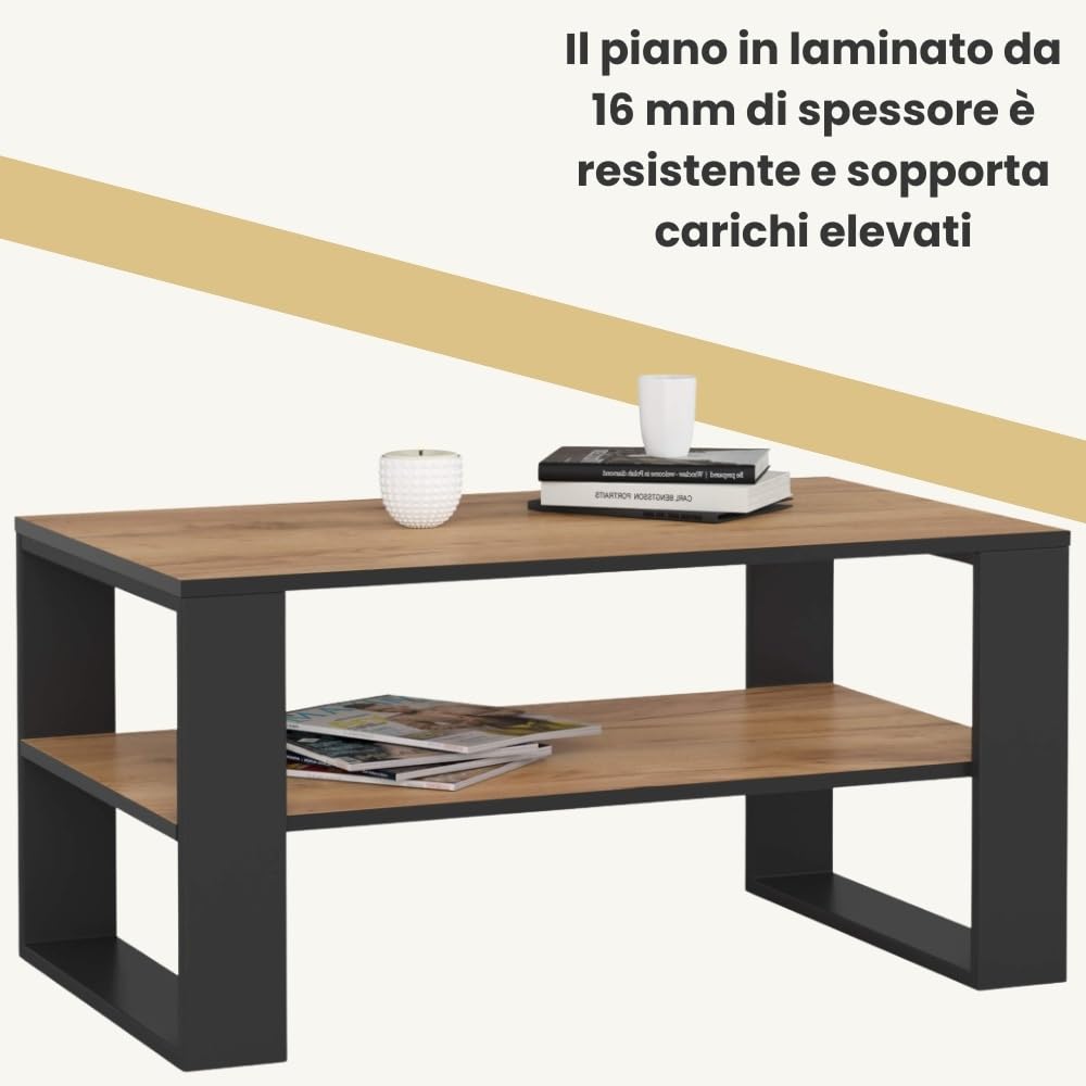 AKORD | Tavolino da Salotto in Legno - ALEX | Tavolo da Caffè con gambe un Ripiano | Coffee Table | Tavolini Basso Moderno | Arredamento Casa | 92 x 45 x 53 cm | Rovere Artigianale & Nero