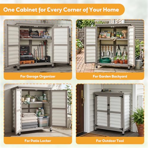 Image of PetsCosset Weatherproof Outdoor Storage Cabinet with Lockable Doors, Wooden & Plastic Garden Patio Storage Box with Adjustable Shelves for Tools, Toys, Pool Accessories, Lawn Equipment