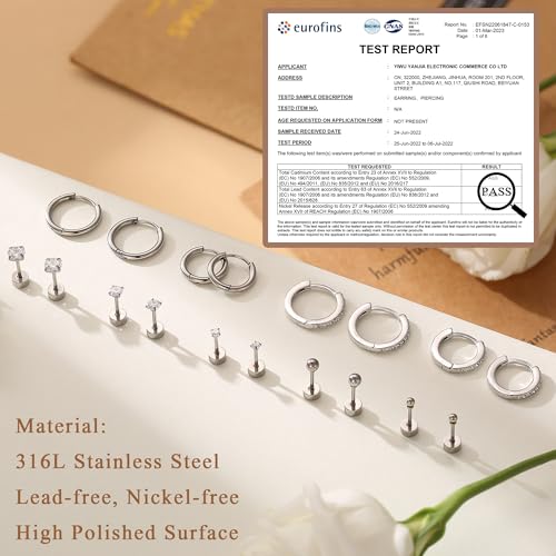 CASSIECA 9 Pairs Silver Earrings for Women, 316L Surgical Steel Earring Set Hoops Earrings Cubic Zirconia Round Stud Earring Hypoallergenic Cartilage Huggie Hoop Tragus Piercing Jewellery - Image 5