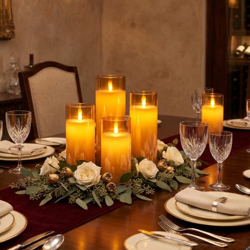 Image of LTETTES Real Wax Led Candle with Glass Cup | Flameless Flickering Wick | Amber Glass Finish | Battery Operated with Remote Controller | Decorative Candle for Home, Festival & Gifting | D-3 inch x H-8 inch
